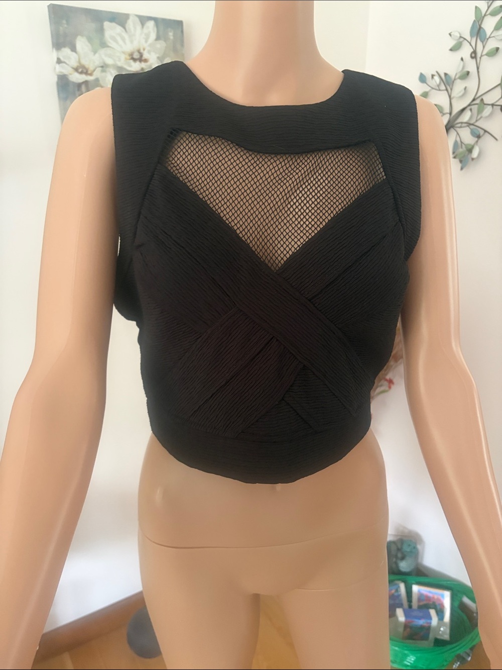 Forever 21 Black Sleeveless Cropped Top with Mesh Panel back zipper.